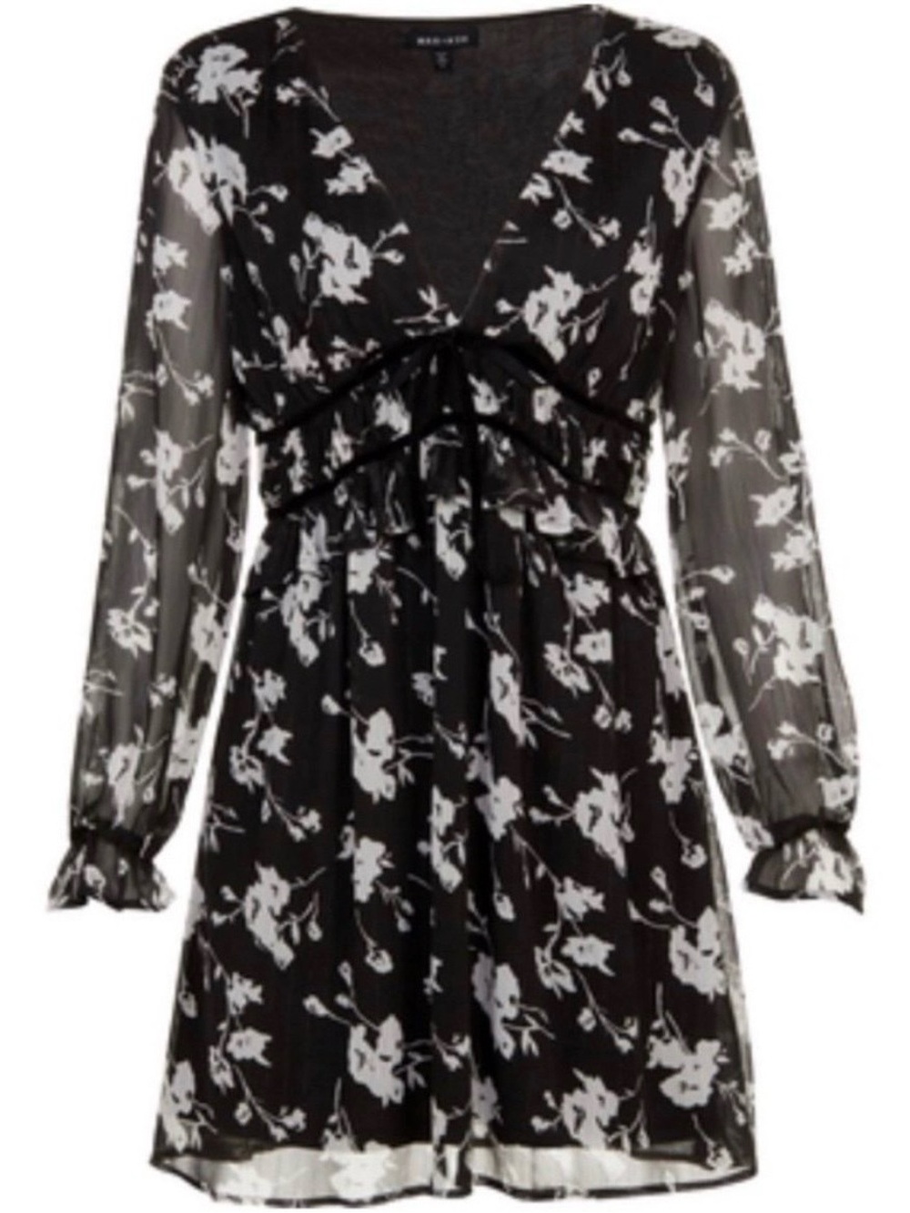 Long Sleeve Black & White Floral V-Neck Dress